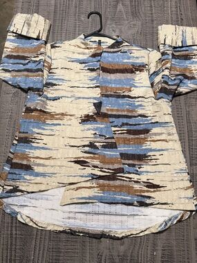 Crazy Striped Casual Button-Down Shirt in Blue, Brown & Cream by IC. Connie K.